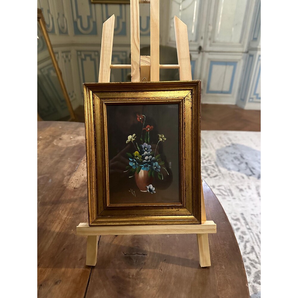 French Vintage Countryside Rustic Floral Bouquet Oil Painting Small Behind Glass